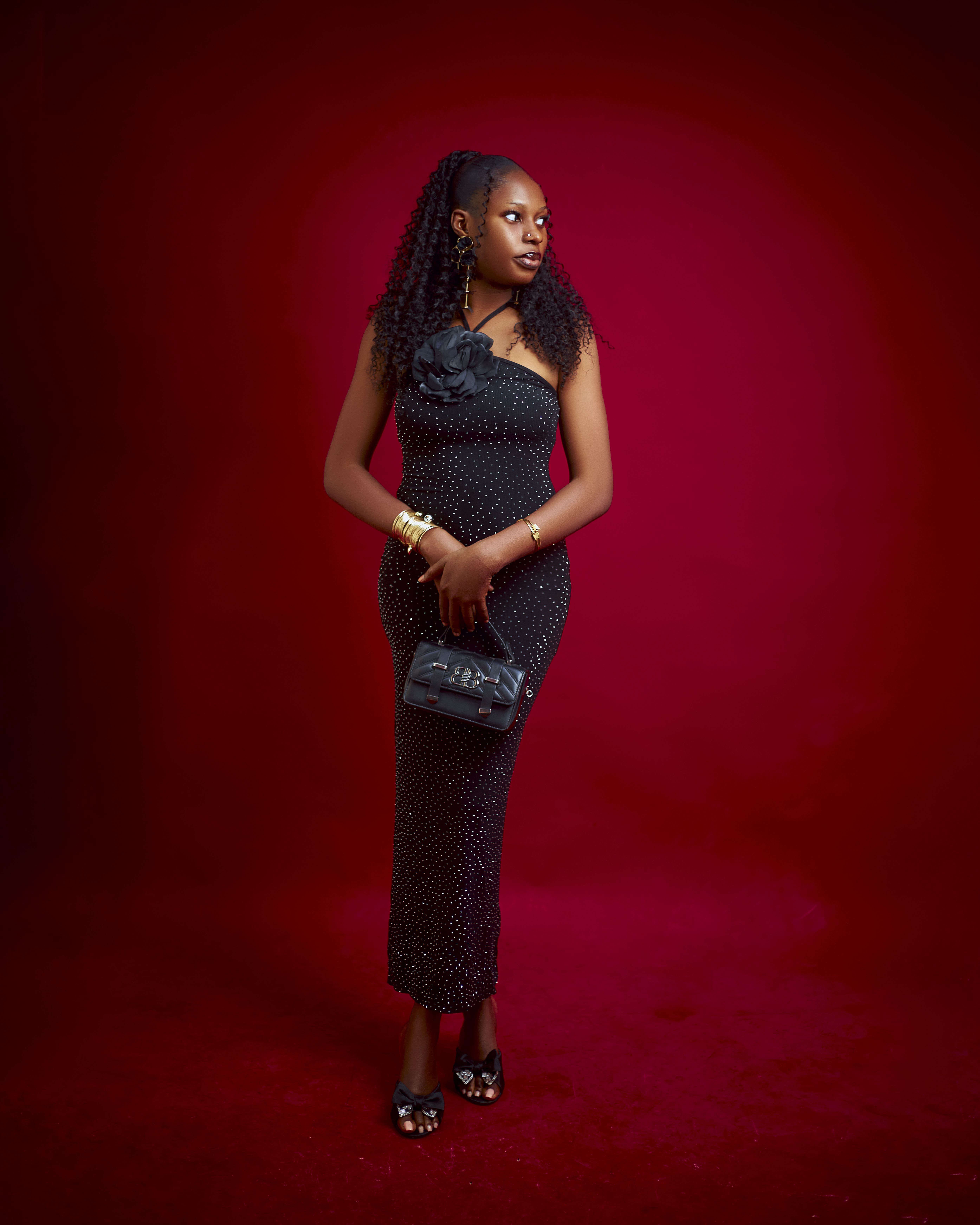 Elegant Woman in Black Dress Against Red Backdrop · Free Stock Photo