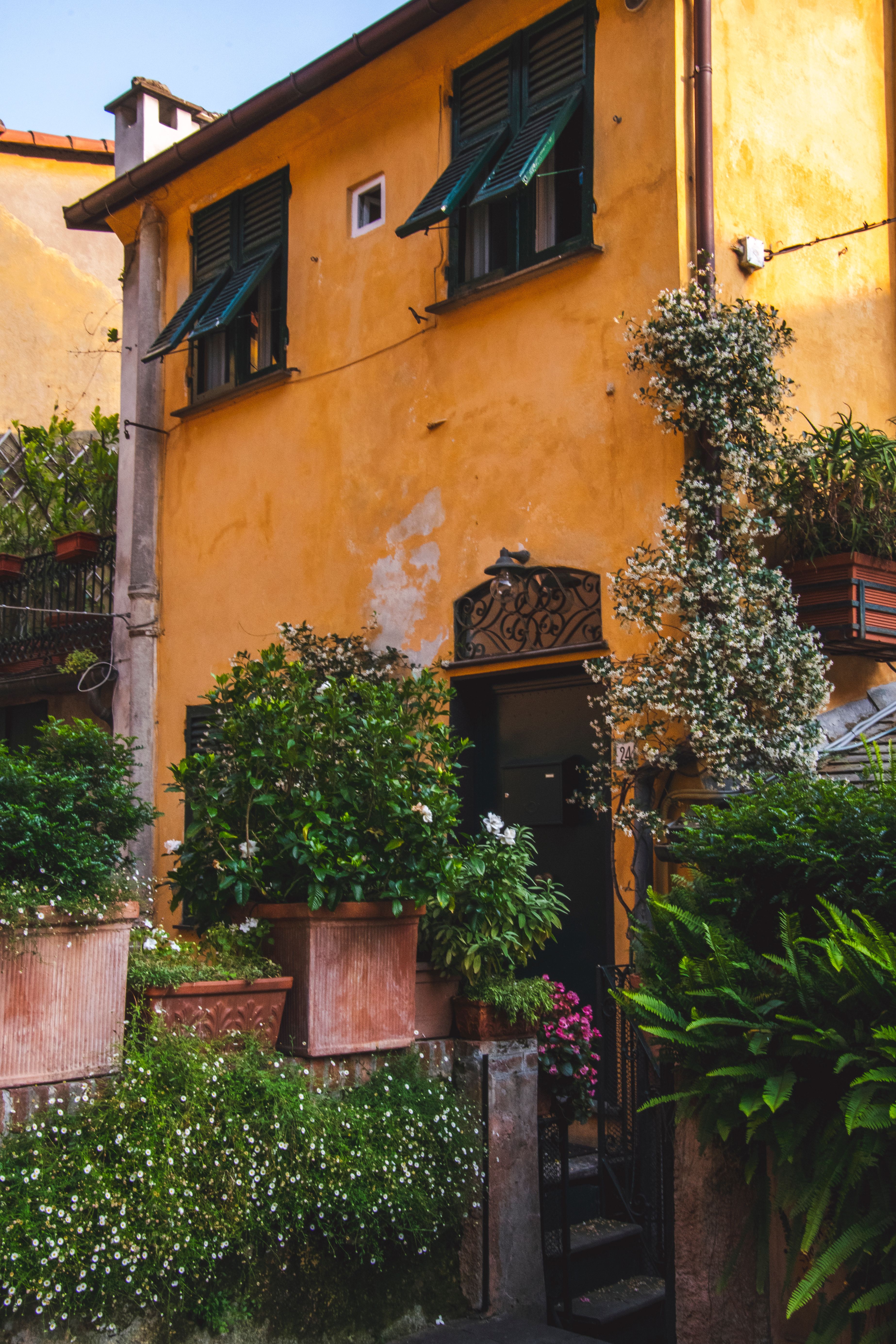 Beautiful Italian house in Portofino with vibrant plants and classic architecture.