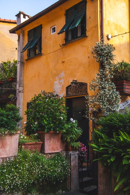 Beautiful Italian house in Portofino with vibrant plants and classic architecture.