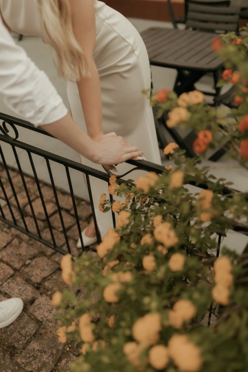 Free Stylish adults leaning on a garden fence with blooming yellow flowers in an elegant setting. Stock Photo