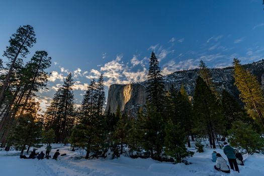 Stunning winter view of El Capitan at sunset in Yosemite National Park.