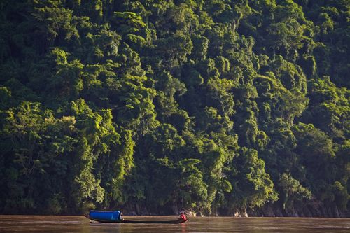Free A fishing boat glides along the Mekong River with lush rainforest in the background. Stock Photo