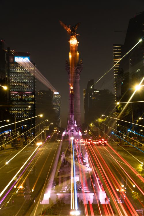 Free Dramatic night shot with light trails at Angel of Independence, Mexico City. Stock Photo
