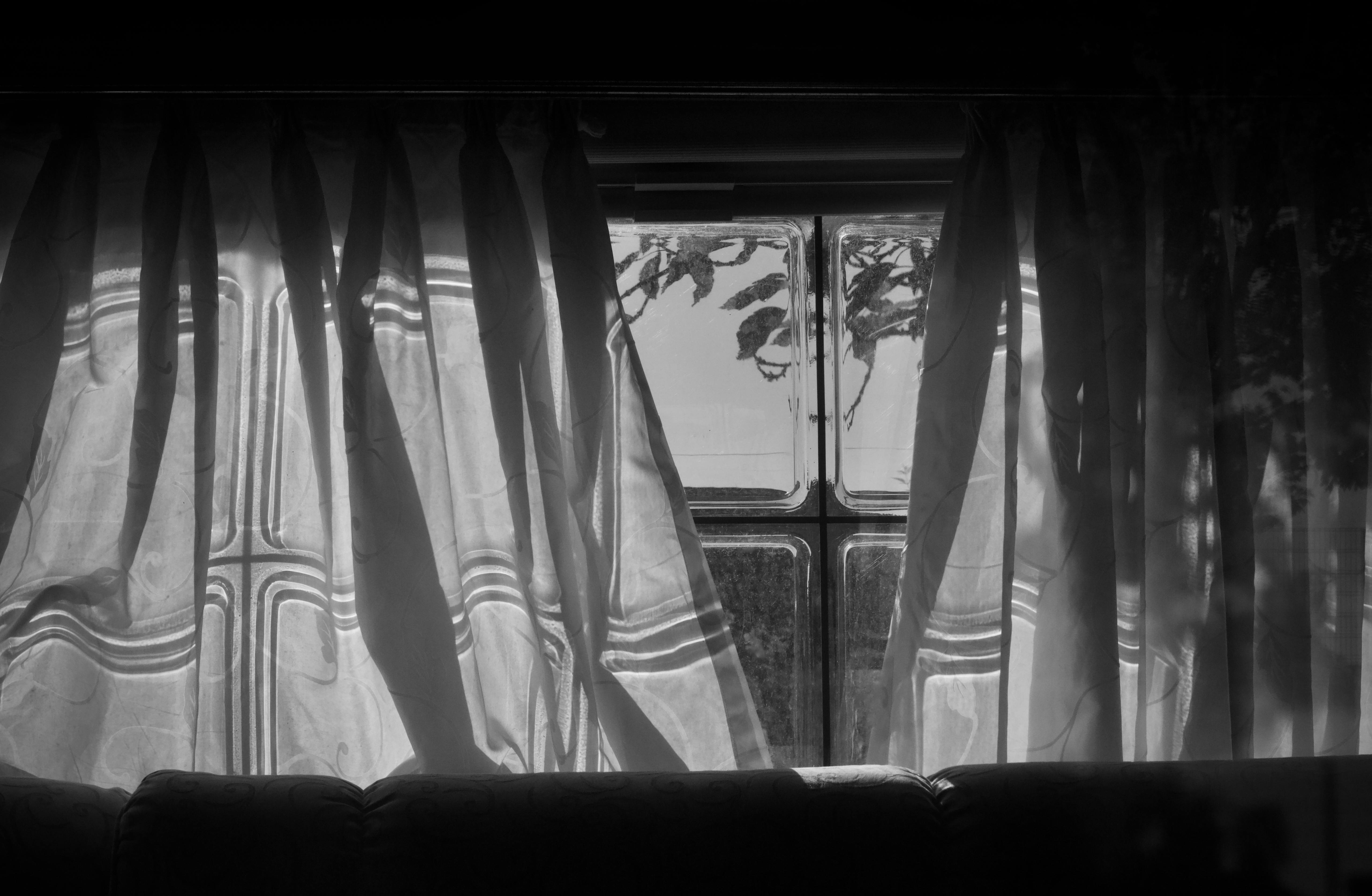 Free Dramatic black and white image of window curtains with intricate shadows. Stock Photo