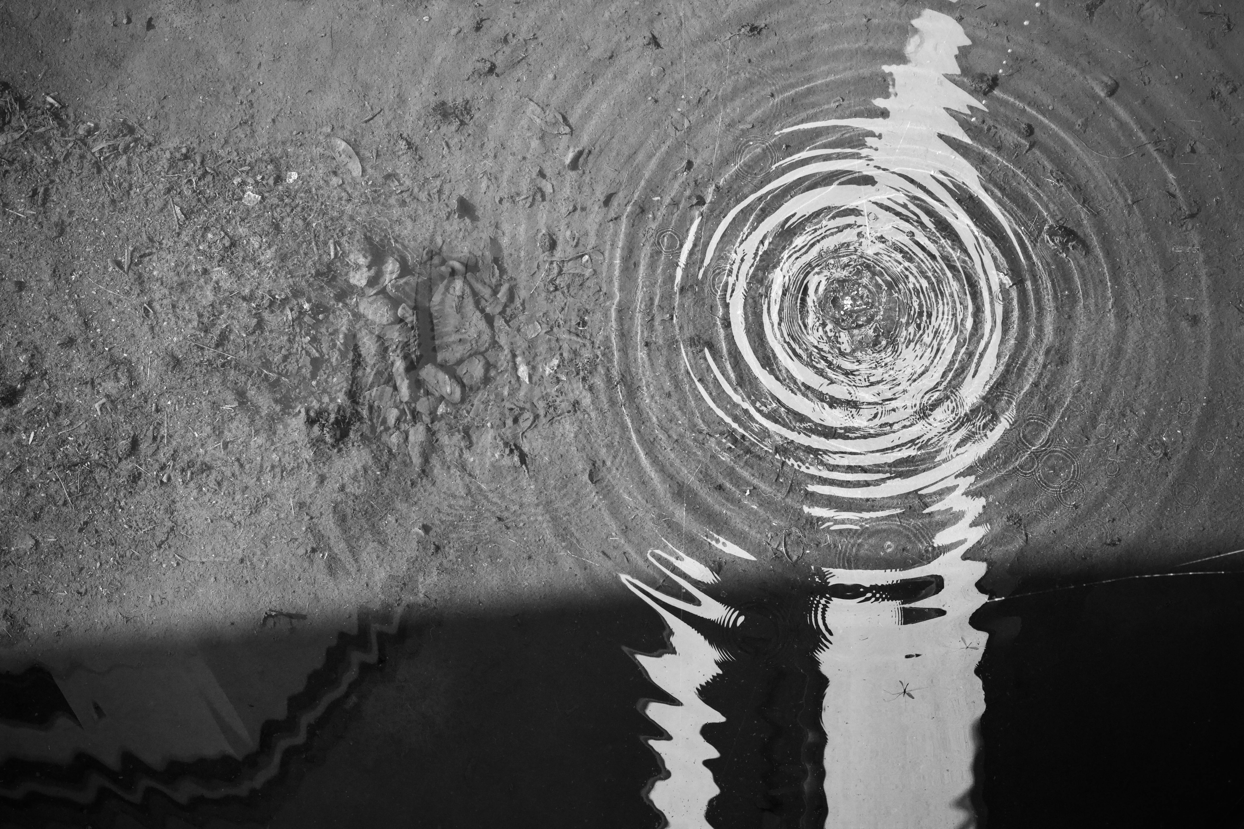 Free Black and white abstract photo of water ripples on soil surface. Evokes tranquility and reflection. Stock Photo