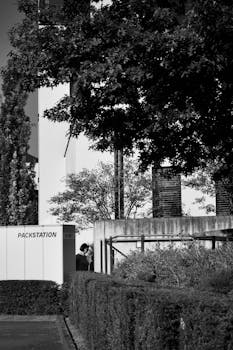 Monochrome urban landscape featuring a pack station against minimalistic architecture.