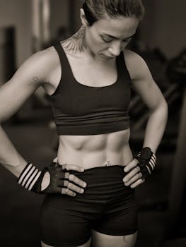 Focused female athlete wearing workout gear and gloves in a gym environment, showcasing fitness and strength.