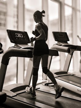 A monochrome image of a woman jogging indoors on treadmill with a city view.