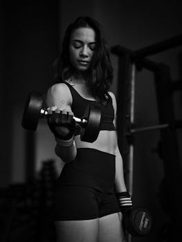 A focused woman lifts a dumbbell during an indoor gym workout session.