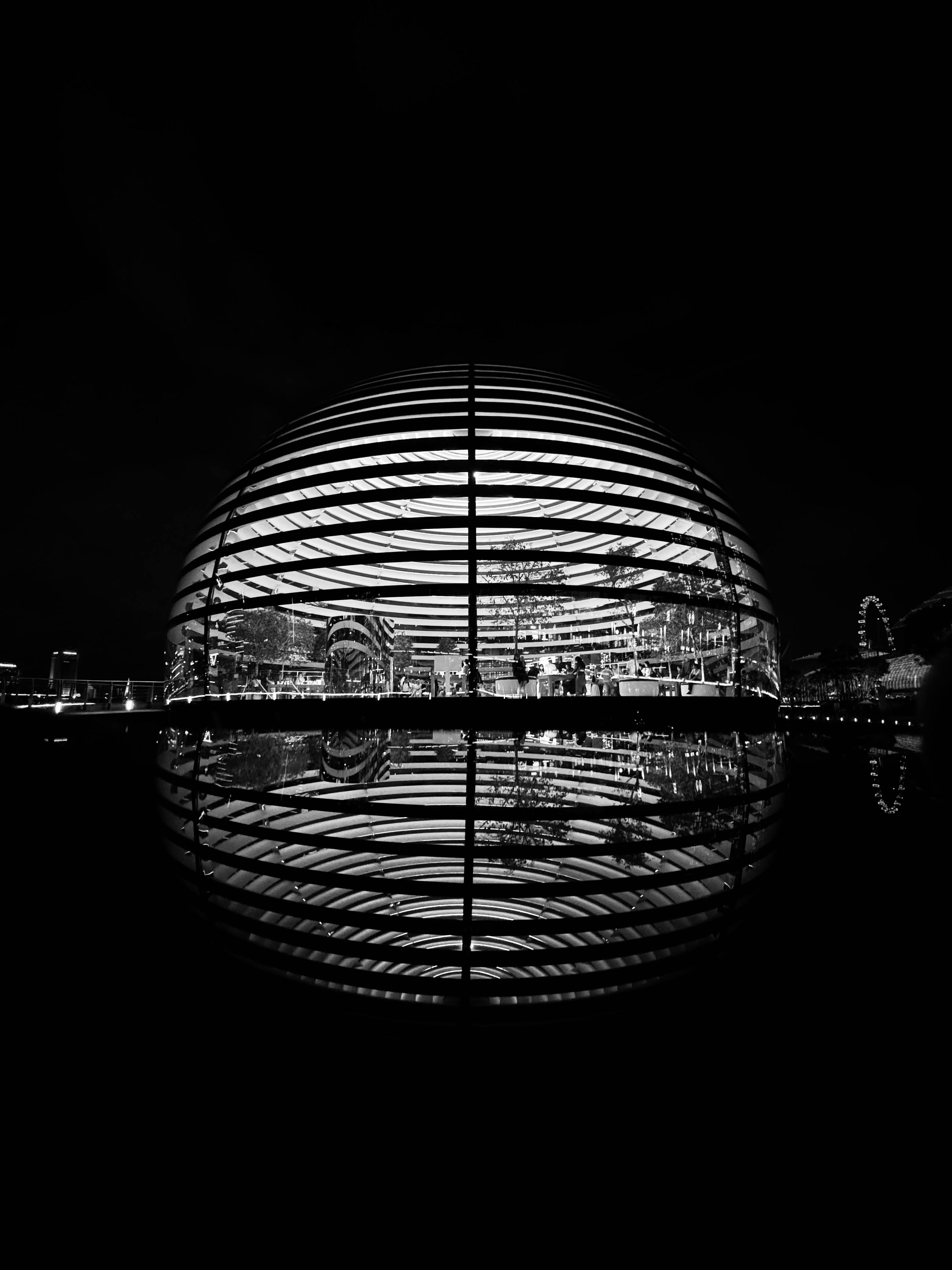 grátis Foto dramática em preto e branco de uma estrutura esférica refletida na água à noite. Foto profissional
