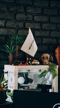 A stylish desk setup with a model car, headphones on a skull, and indoor plants.