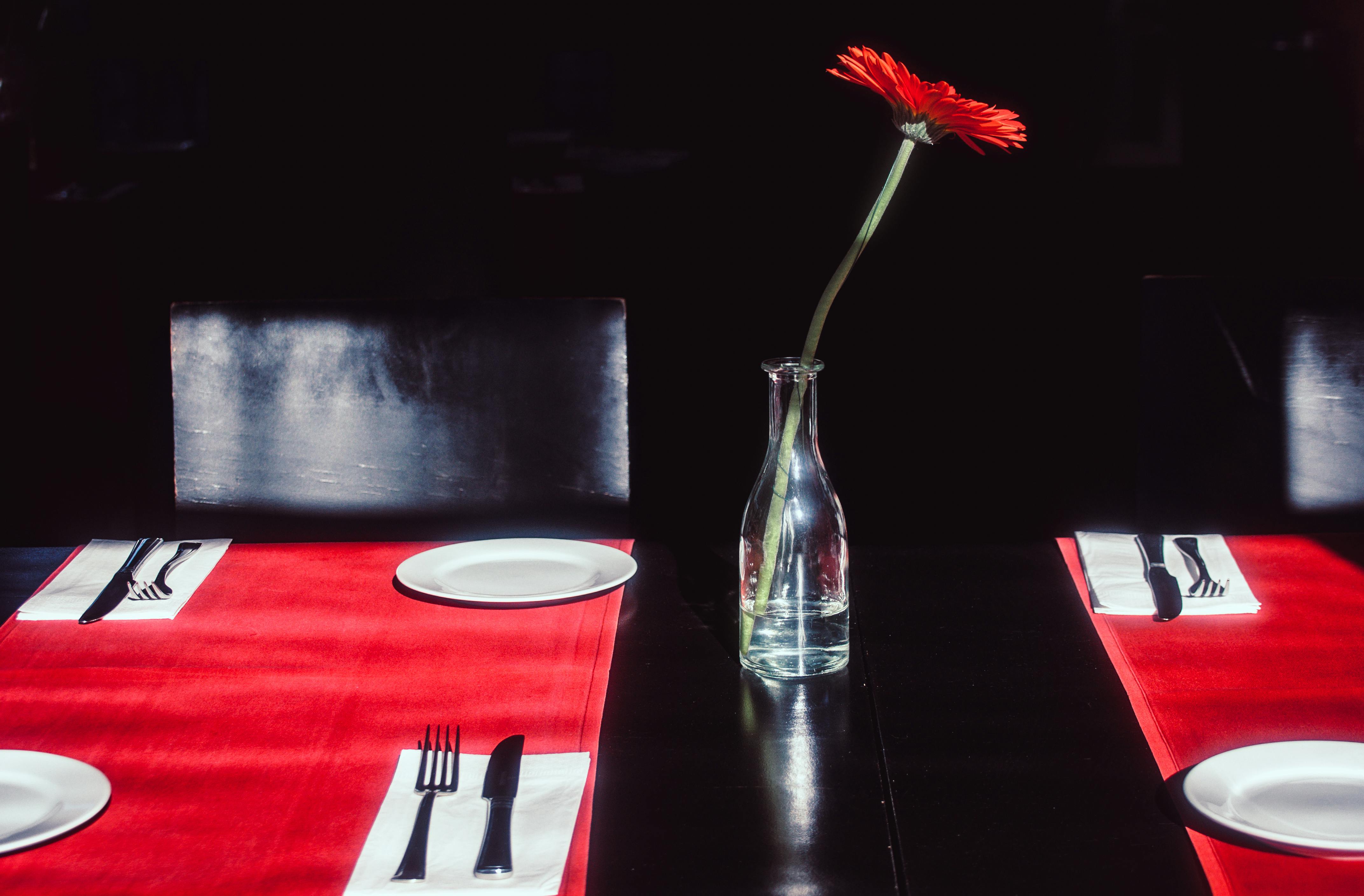 Ücretsiz Kırmızı masa örtüsü üzerinde, vazoda tek bir kırmızı gerbera çiçeğinin yer aldığı şık bir restoran masa düzeni. Stok Fotoğraflar