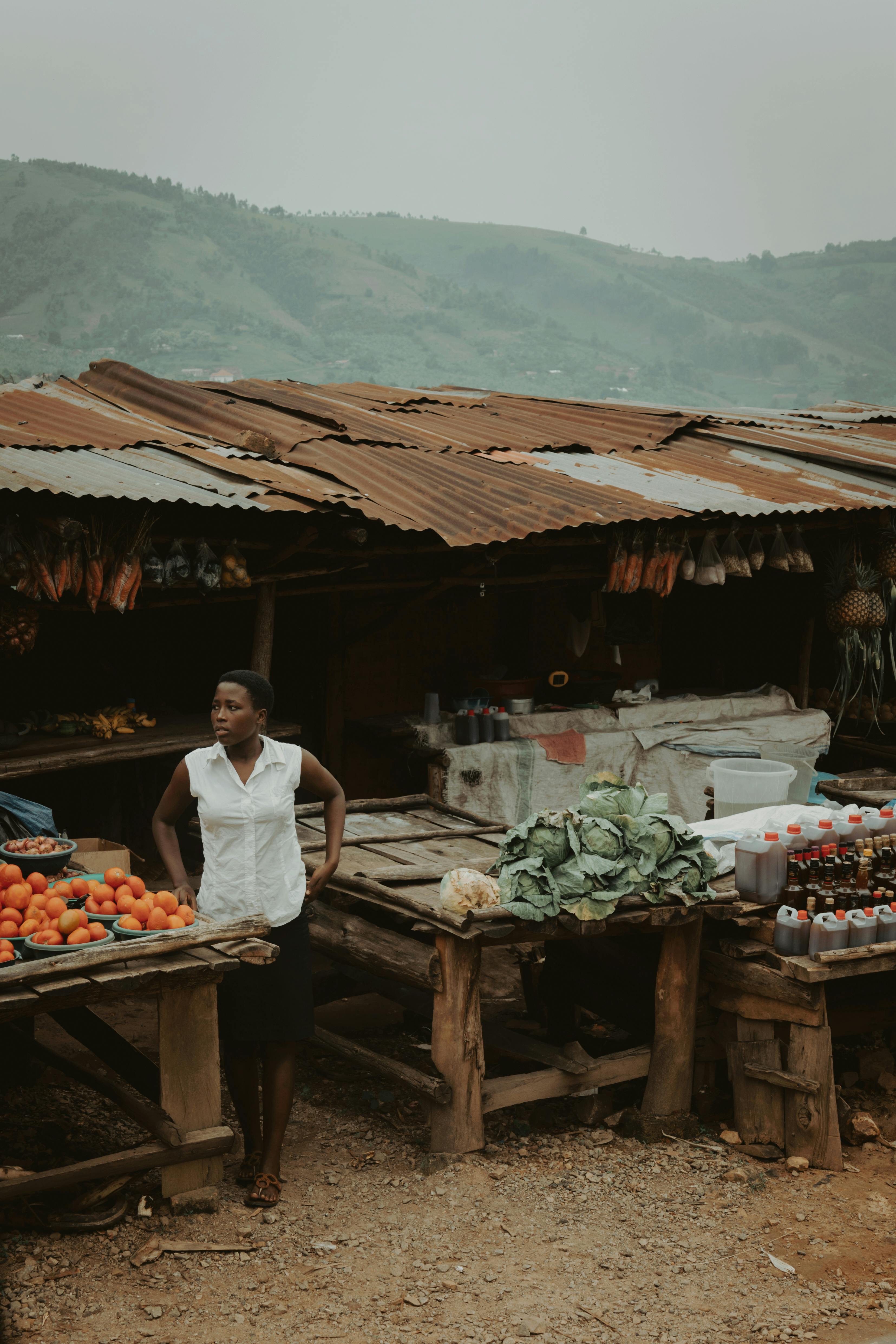 Gratis Seorang wanita Afrika berjualan di pasar terbuka dengan hasil bumi segar, dengan latar belakang pegunungan. Foto Stok