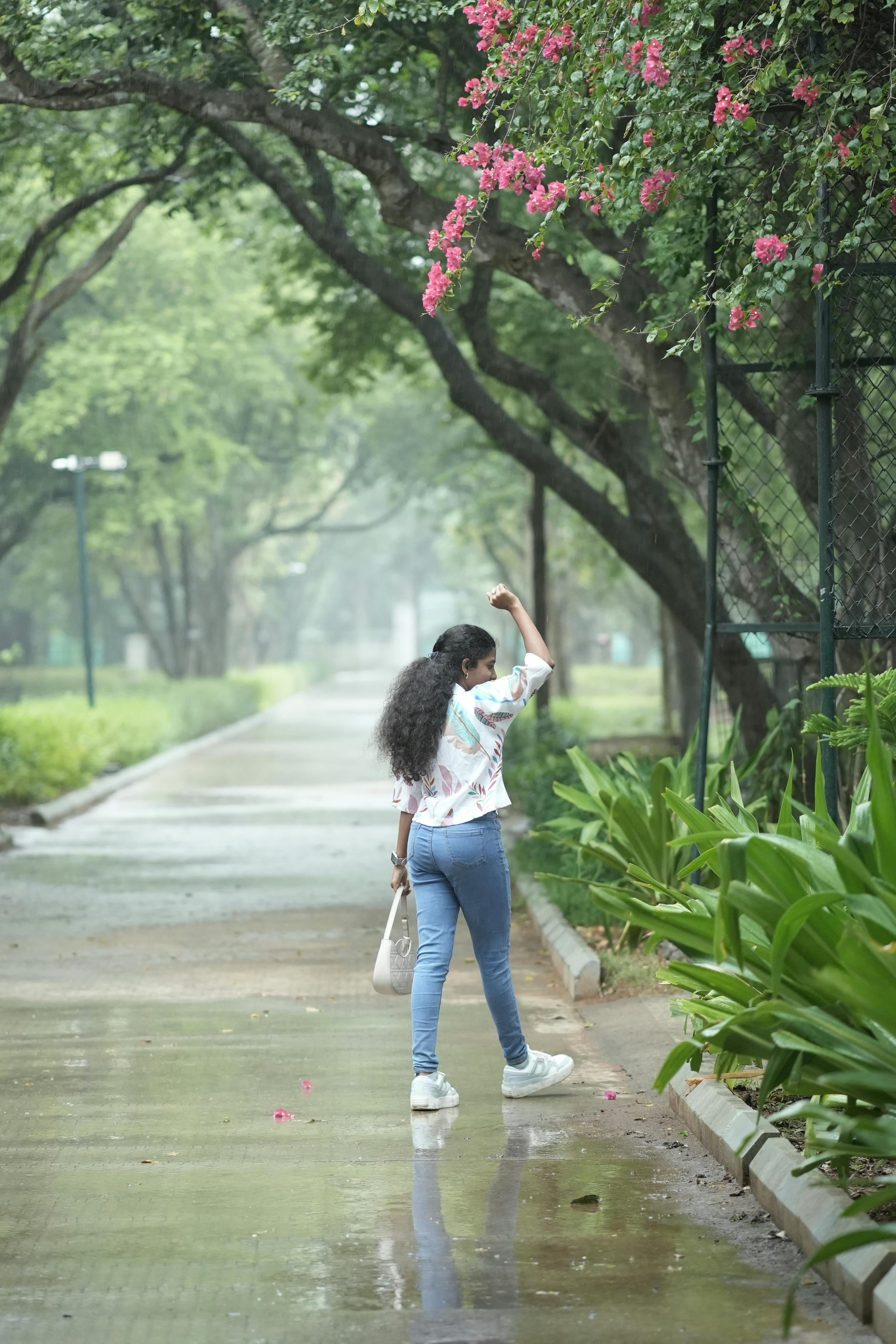 無料 雨の日に、緑豊かな木々やピンク色の花に囲まれた静かな公園の小道を散歩する女性。 写真素材