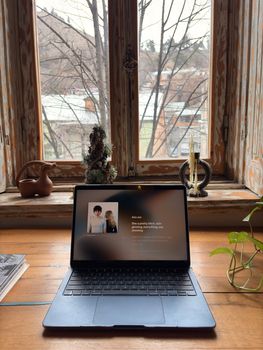 Warm workspace with a laptop, plants, and rustic decor by a wooden window on a cloudy day.
