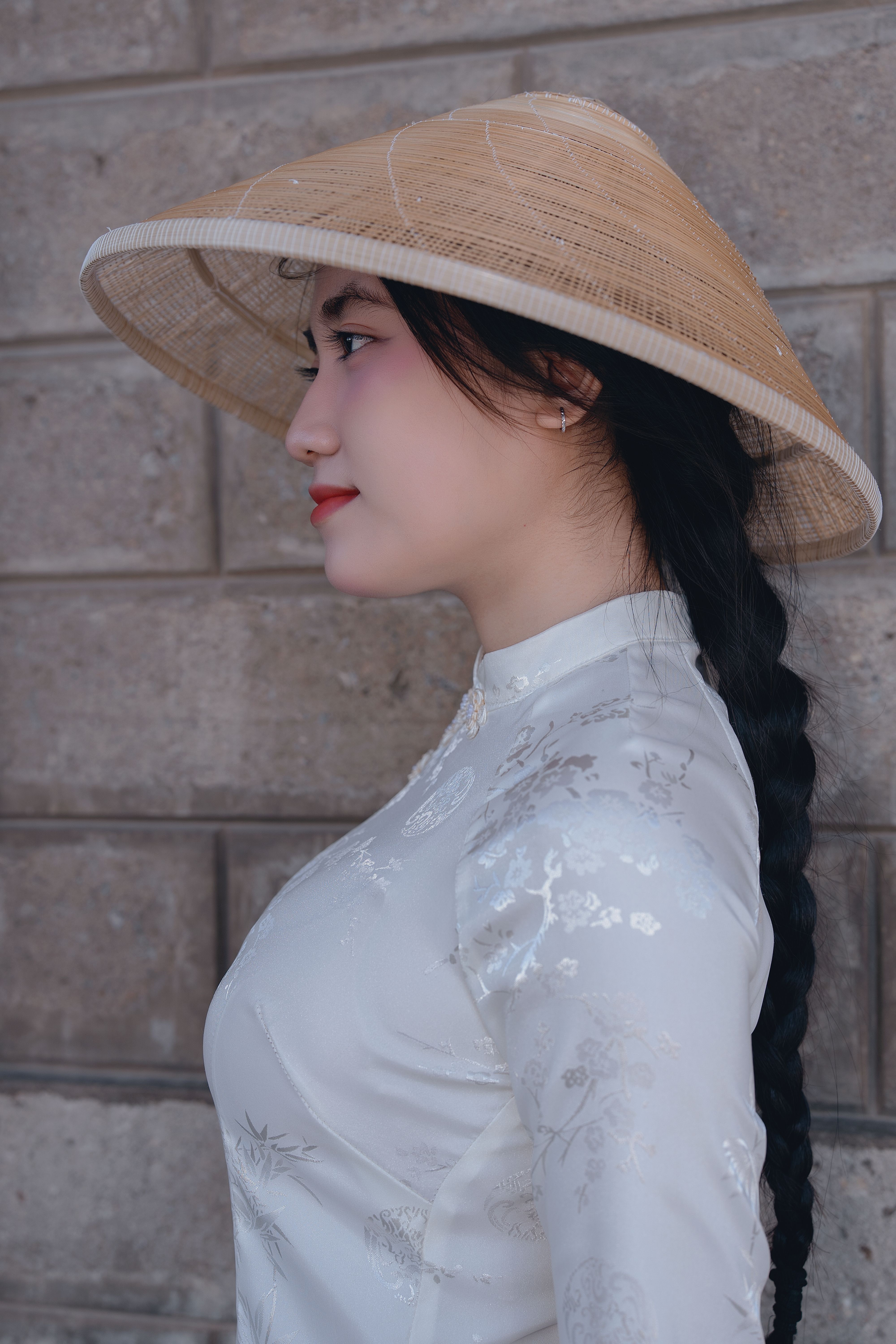 Elegant profile of a woman in a traditional Vietnamese hat and dress, side view.
