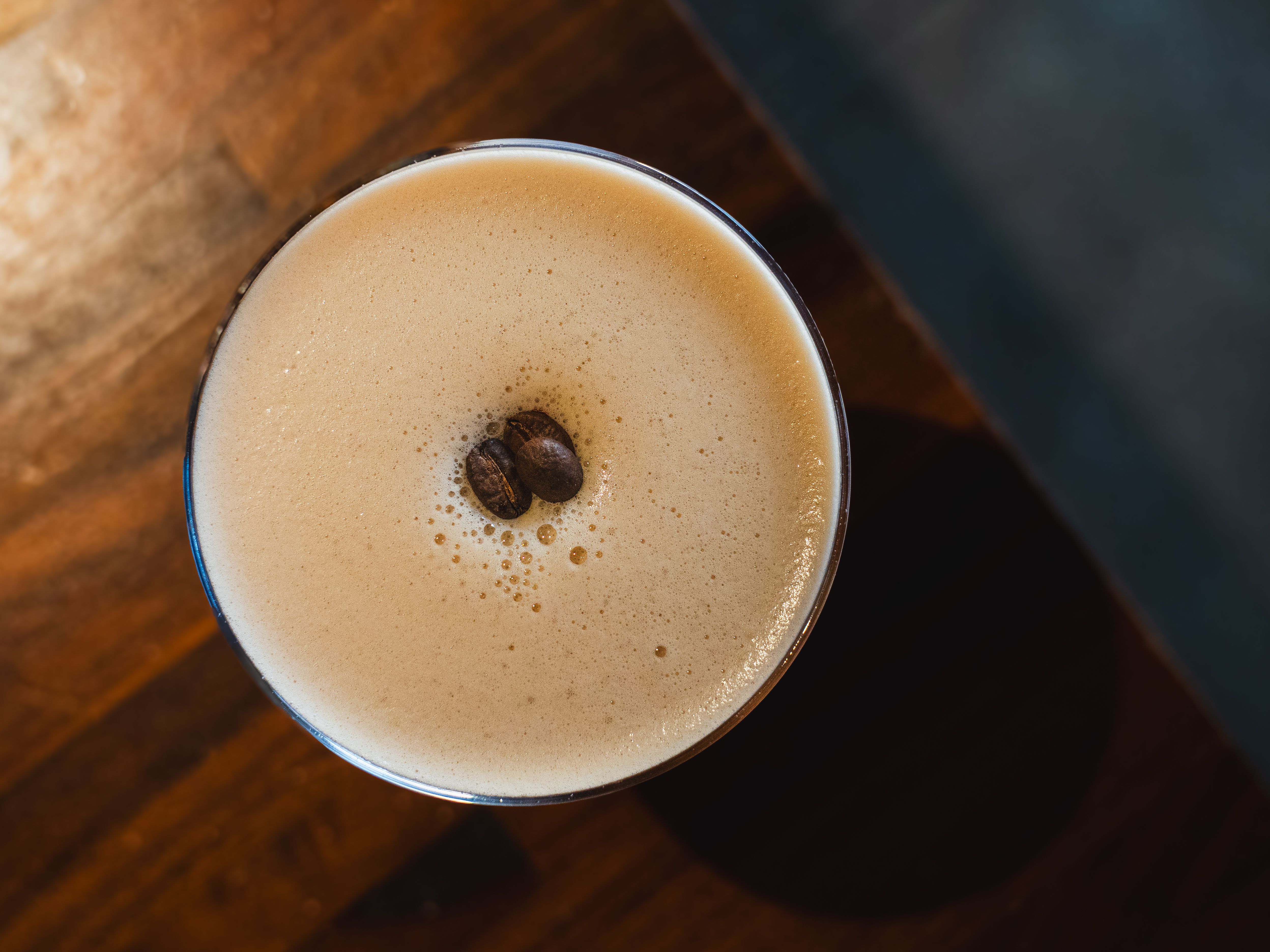 Close-up of freshly made espresso martini with foam