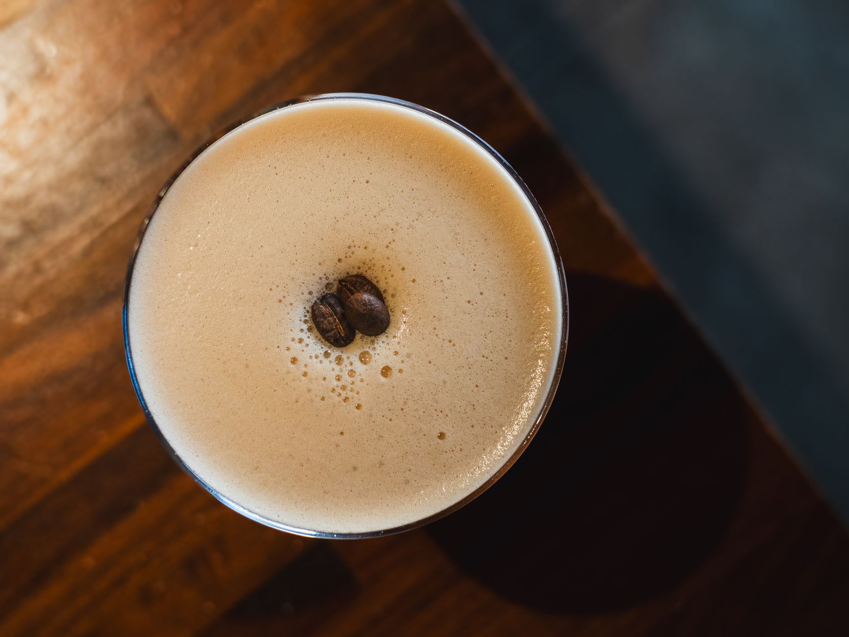 Close-up of freshly made espresso martini with foam