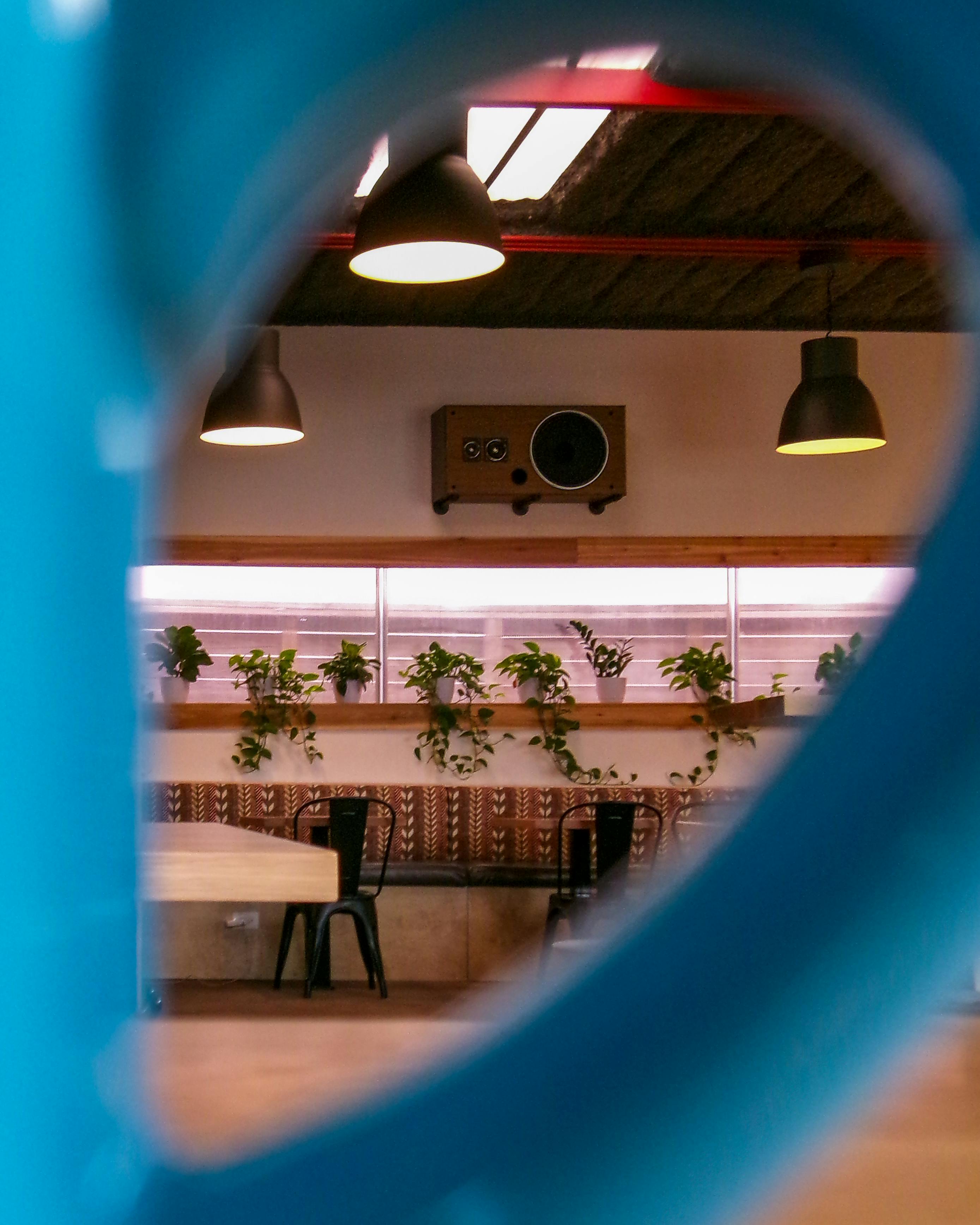Free Stylish industrial-style cafe interior with pendant lights and green plants enhancing the decor. Stock Photo