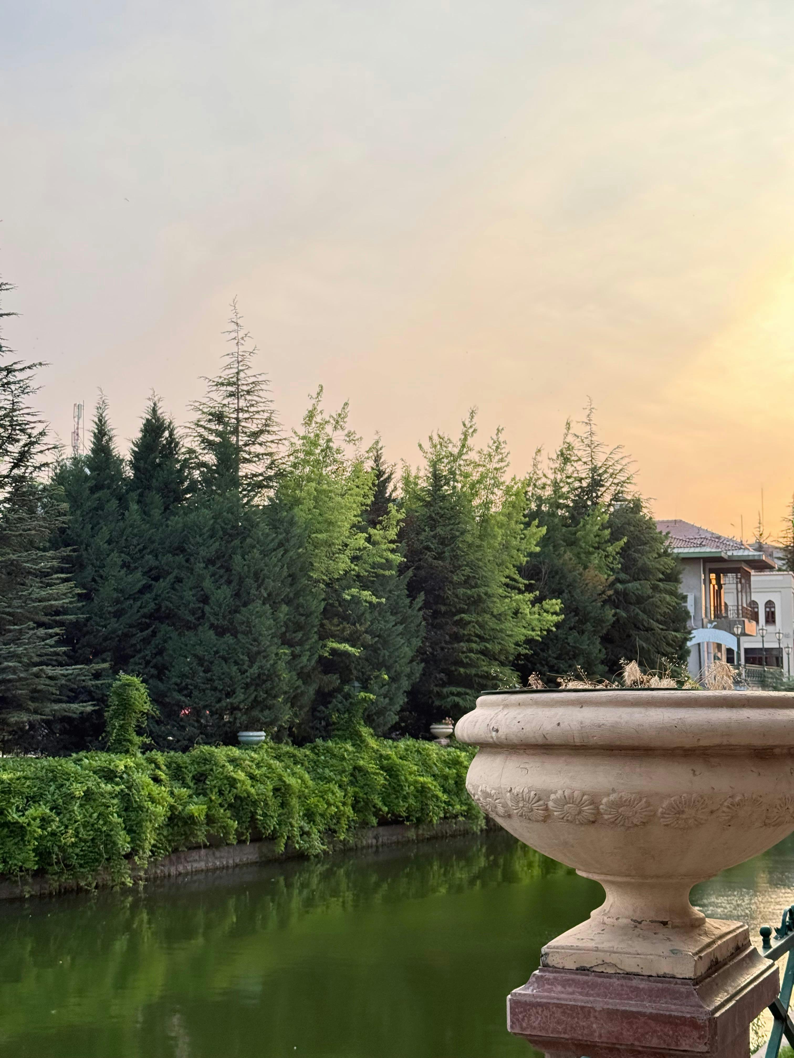 Gratis Taman yang tenang dan pemandangan air dengan pepohonan hijau yang rimbun dan langit senja. Foto Stok