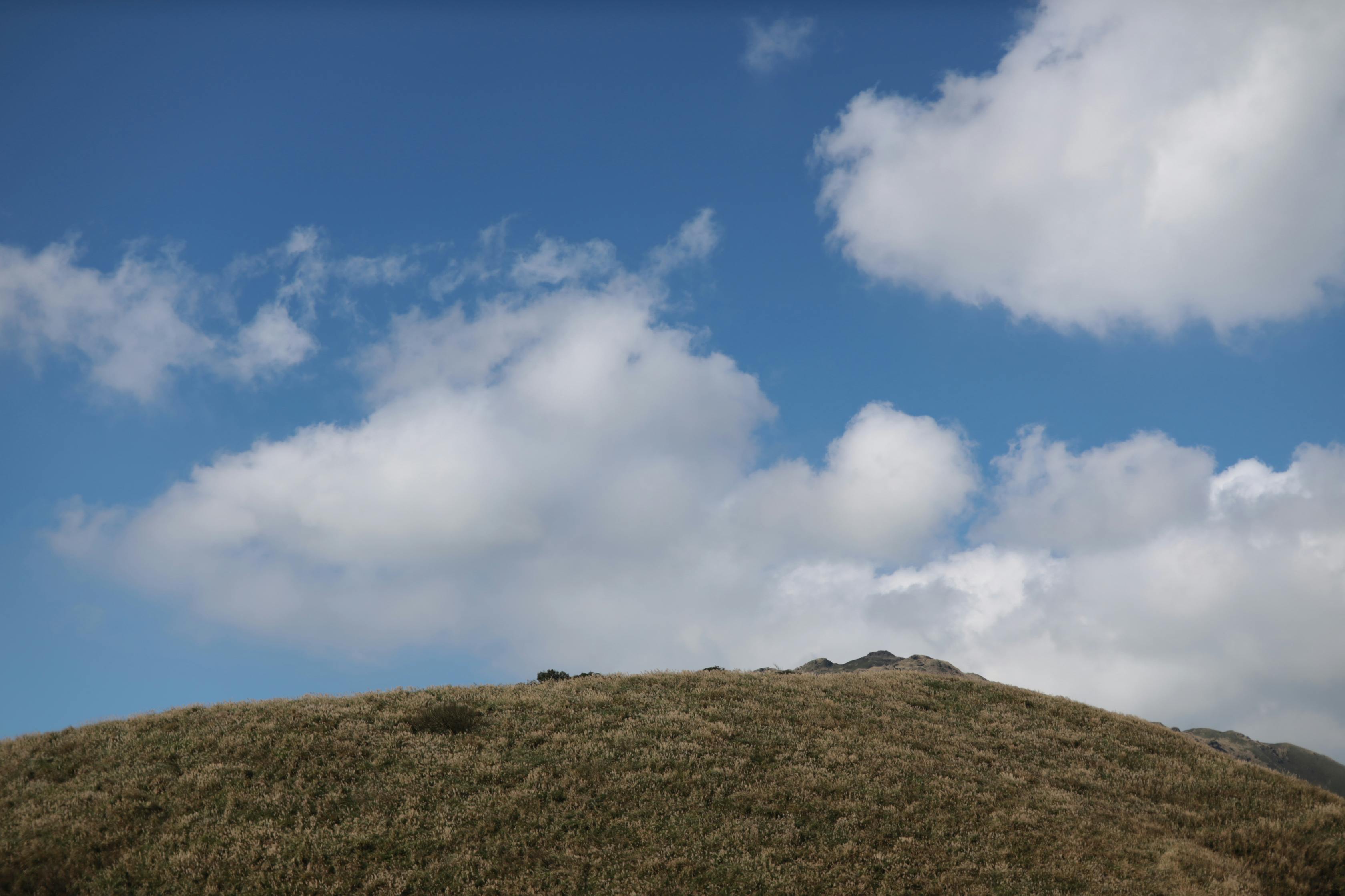 Free Peaceful grassy hill under a clear blue sky with white clouds in Taipei, Taiwan. Stock Photo