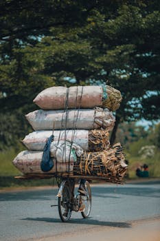 A bicycle on a rural road heavily loaded with large bags under sunny skies.