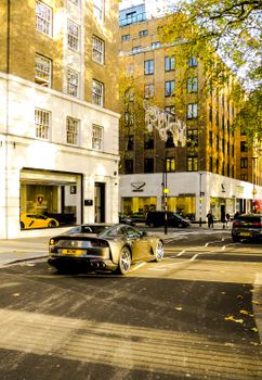 A sleek luxury car in an urban setting under fall foliage and warm sunlight.