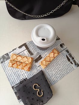 Flat lay of coffee cup and biscotti on a newsprint with accessories, perfect for a morning vibe.