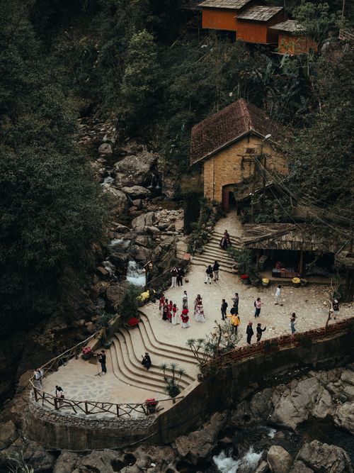 Free Charming aerial view of people in a cultural gathering in scenic Lào Cai, Vietnam. Stock Photo