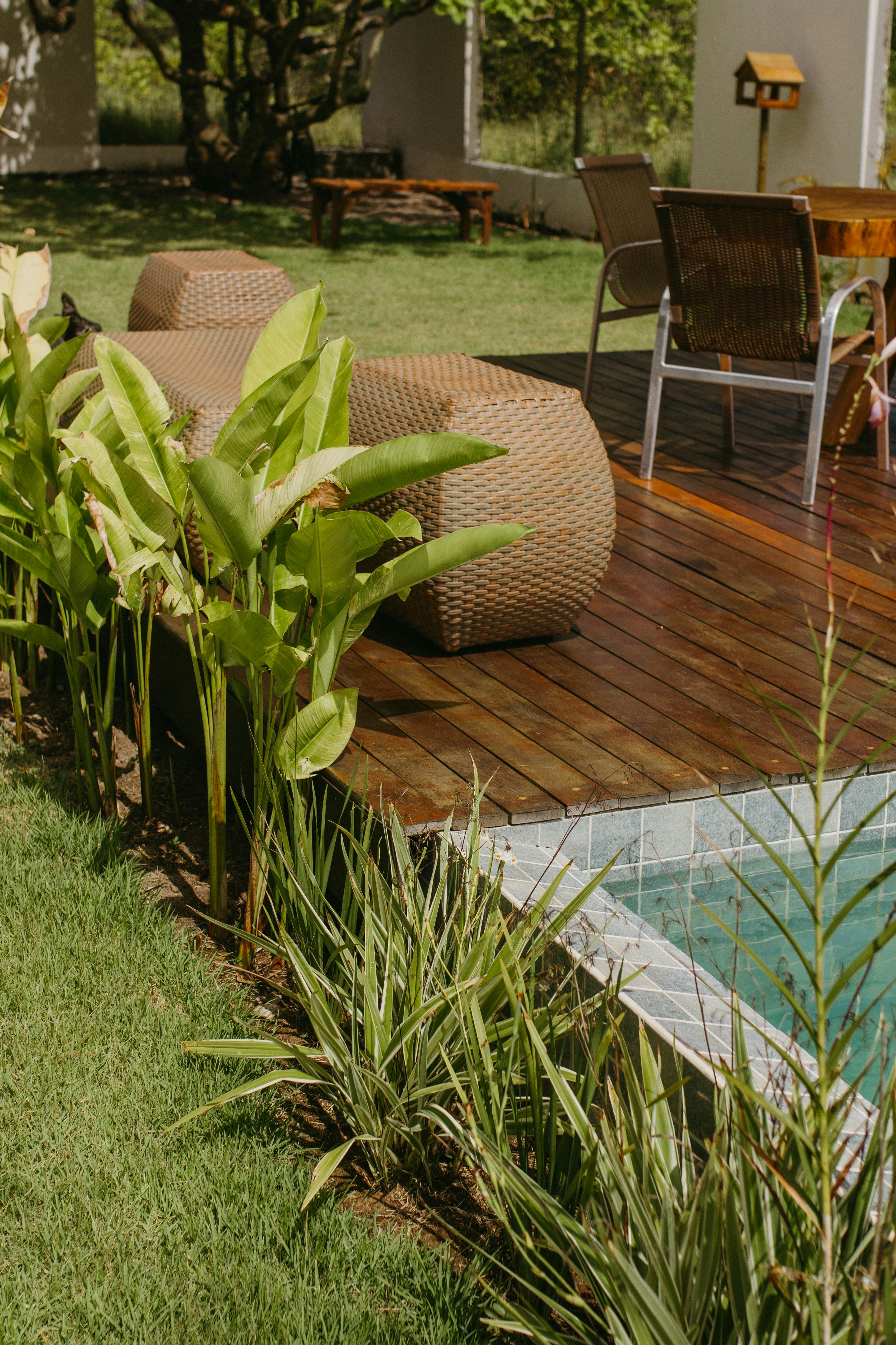 無料 ブラジルのバイーア州にある、プールサイドの座席と熱帯植物のあるリラックスできる屋外デッキ。 写真素材