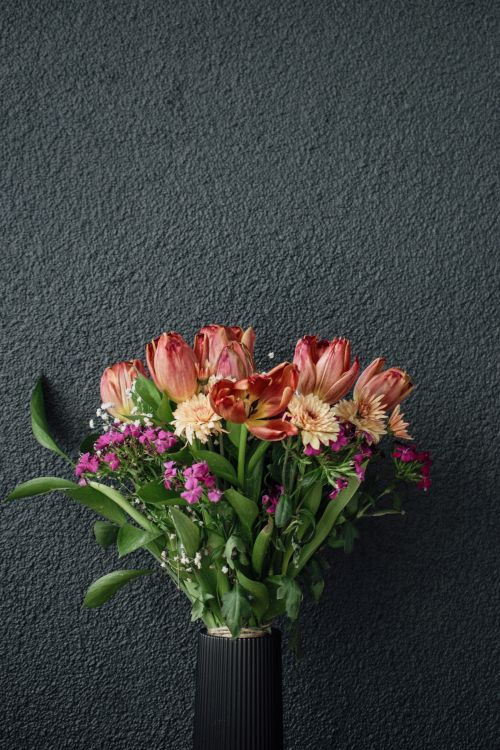 Free Vibrant bouquet of tulips, chrysanthemums, and wildflowers in a black vase against a textured wall. Stock Photo