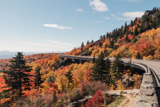 Breathtaking view of Blue Ridge Parkway surrounded by colorful fall foliage.
