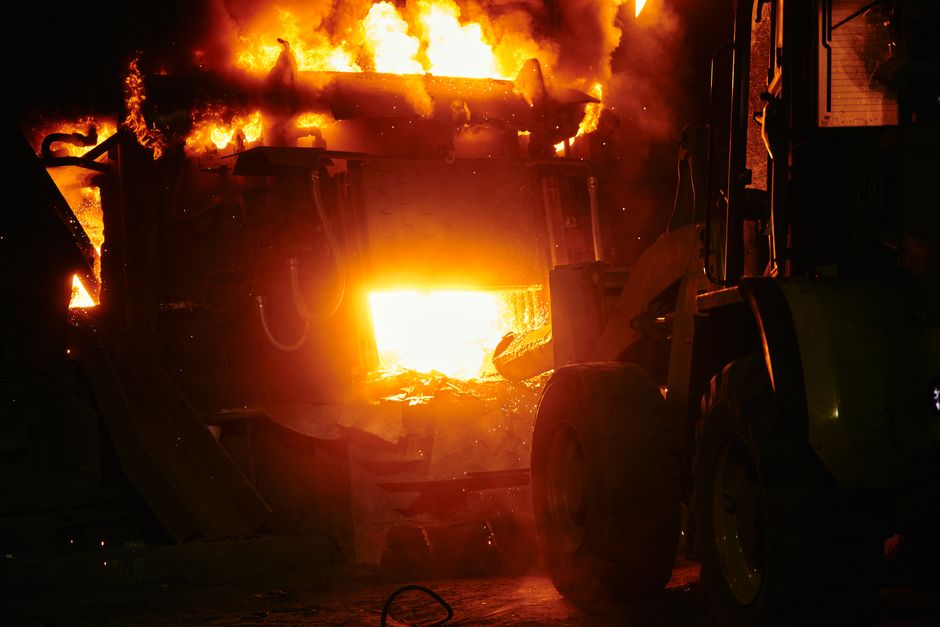 factory fire smoke at night firefighters
