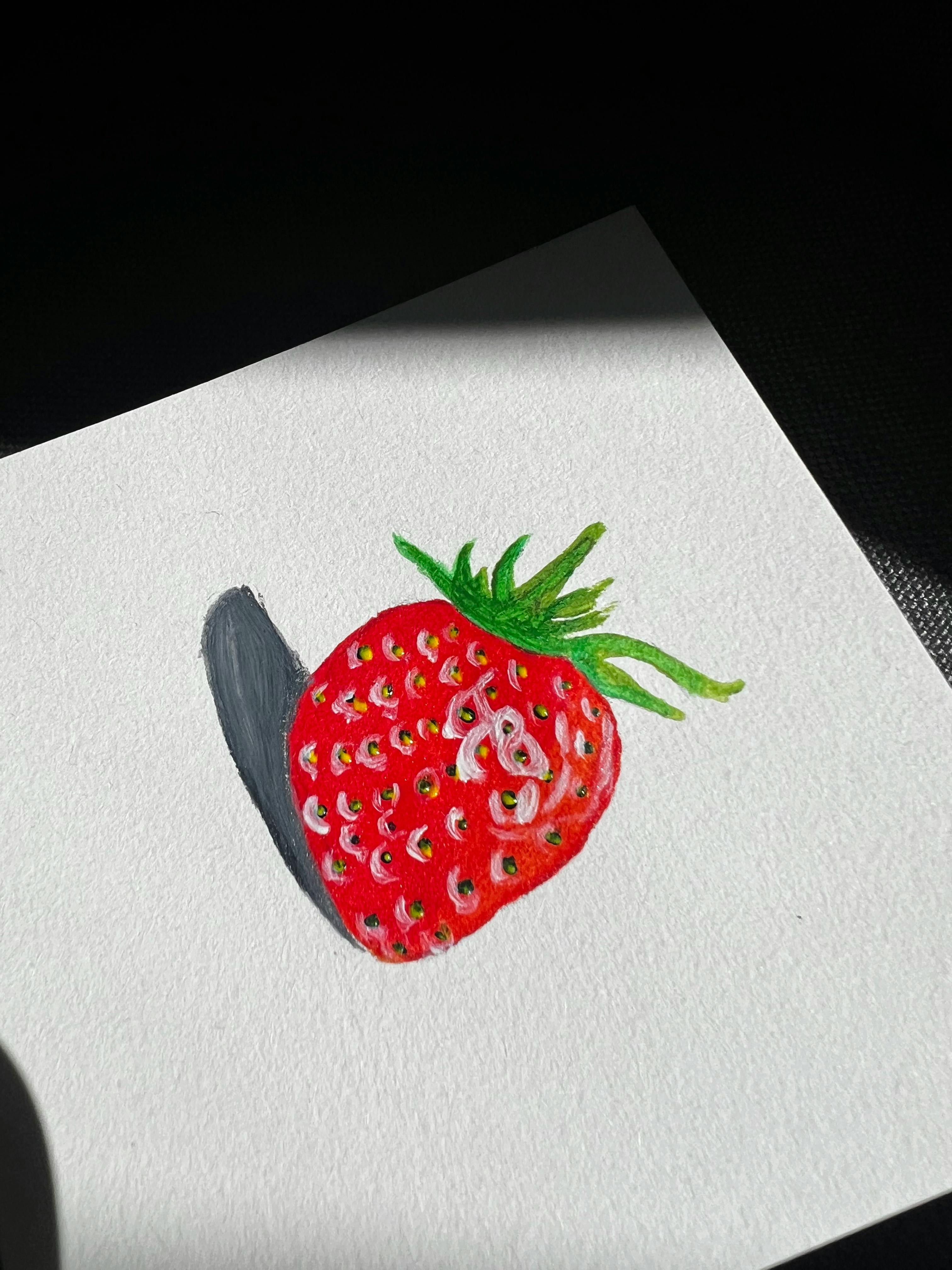 Free Watercolor painting of a strawberry on paper with shadow, showcasing vibrant colors and realistic details. Stock Photo