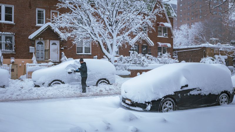 homeowner brushing snow off a tilted solar panel on a garage wall