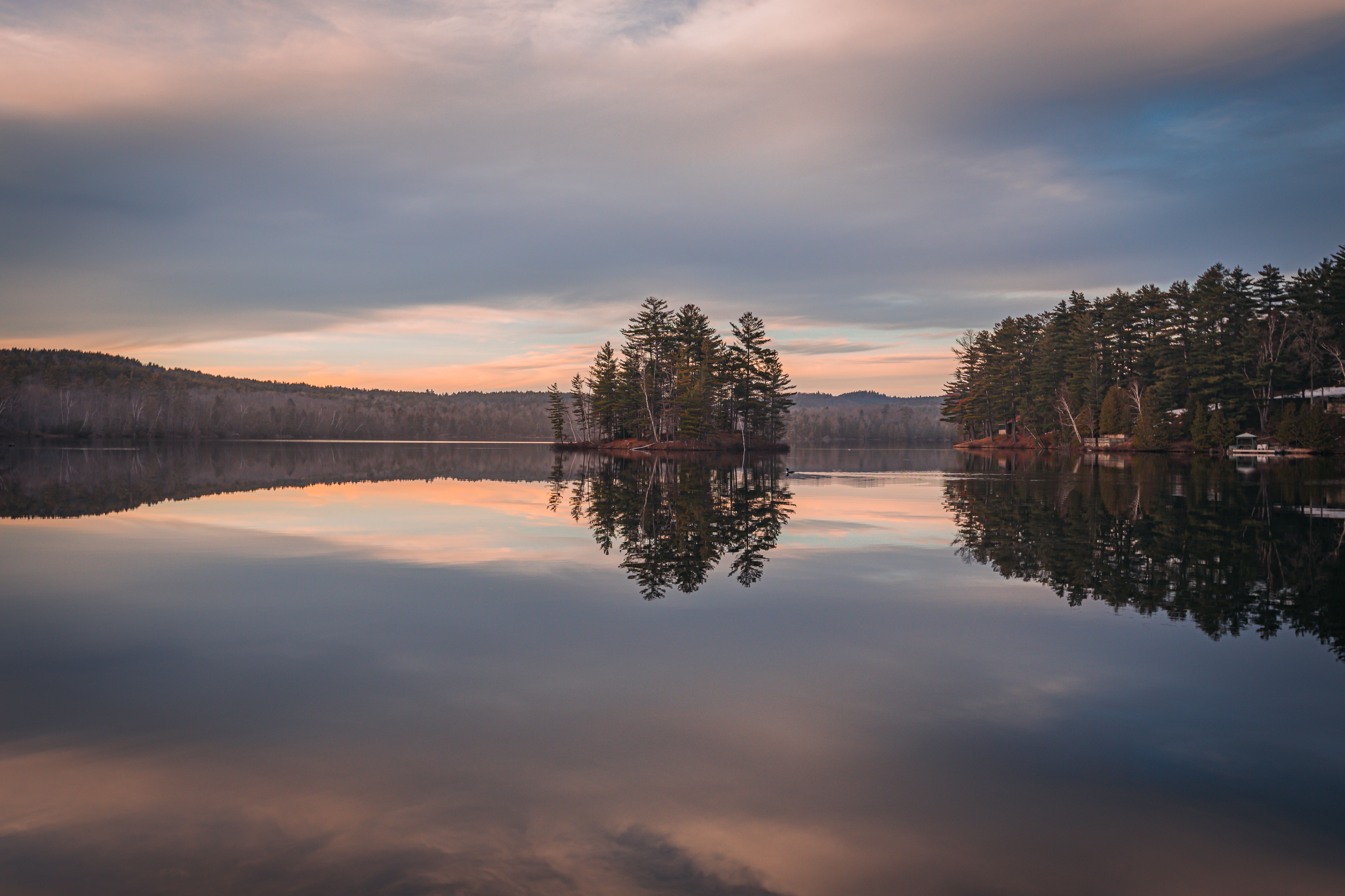 A tranquil scene capturing pine trees and their reflection on a calm Adirondack lake during twilight.