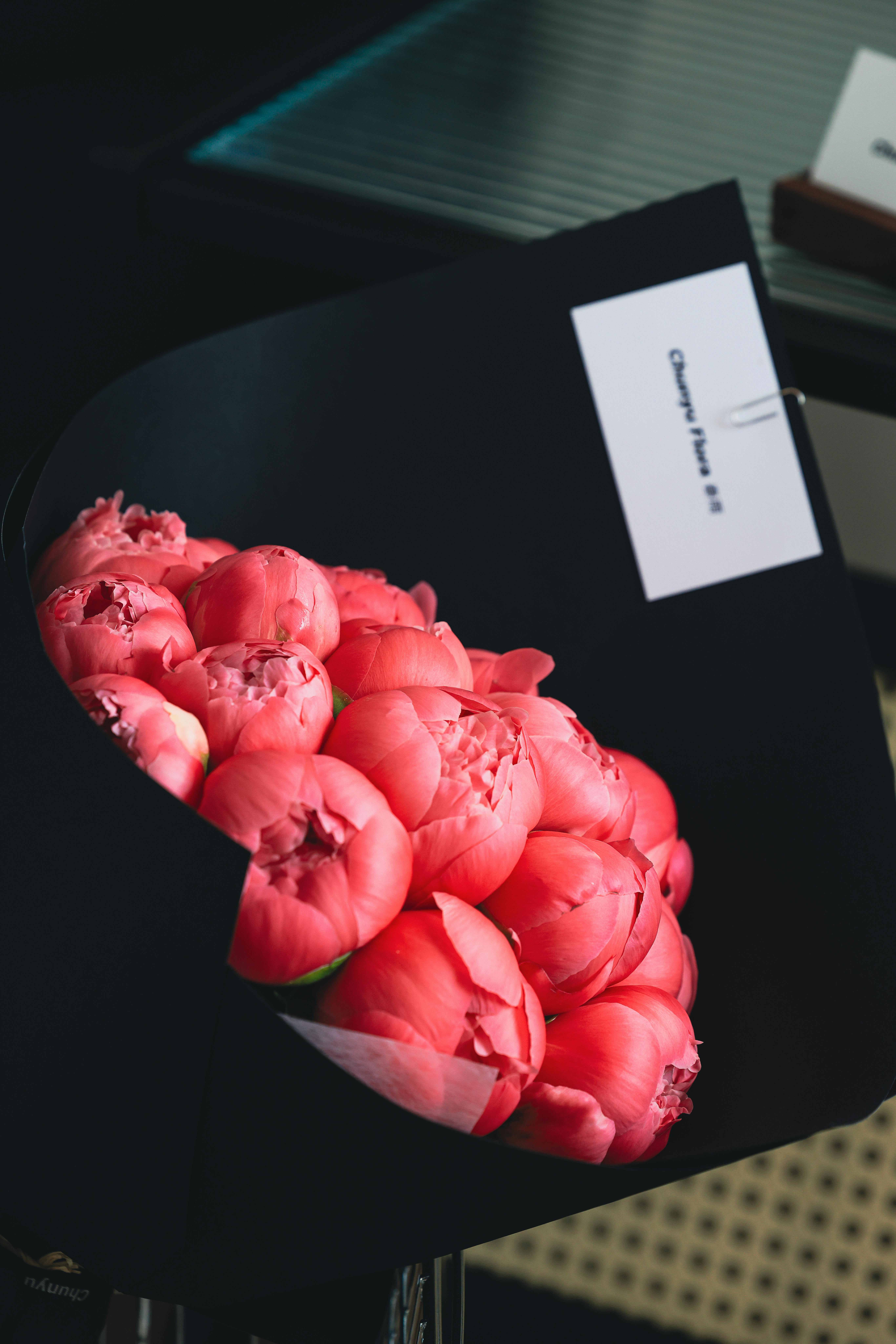 Free A stylish bouquet of vibrant pink peonies elegantly wrapped in black paper, creating a striking visual contrast. Stock Photo