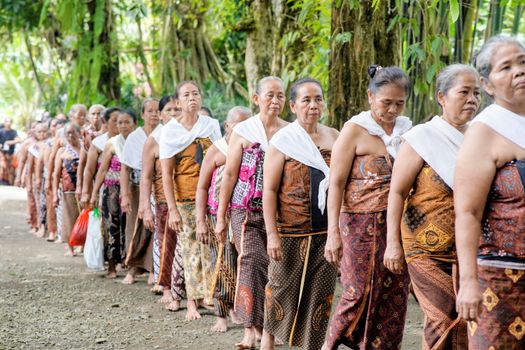 A group of women in traditional attire participate in a cultural procession in a lush, tropical landscape in Central Java.