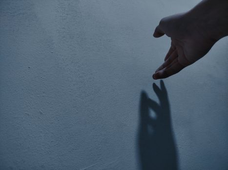 Artistic capture of a hand casting a shadow on a wall under soft lighting.
