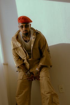 Man in beige outfit and red beret posing indoors with natural light.