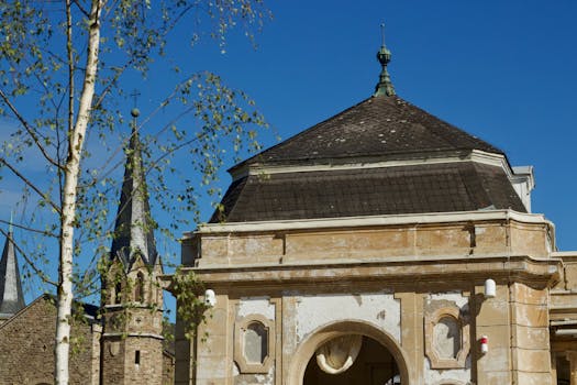Detailed view of historic buildings with spires and trees under a clear blue sky.
