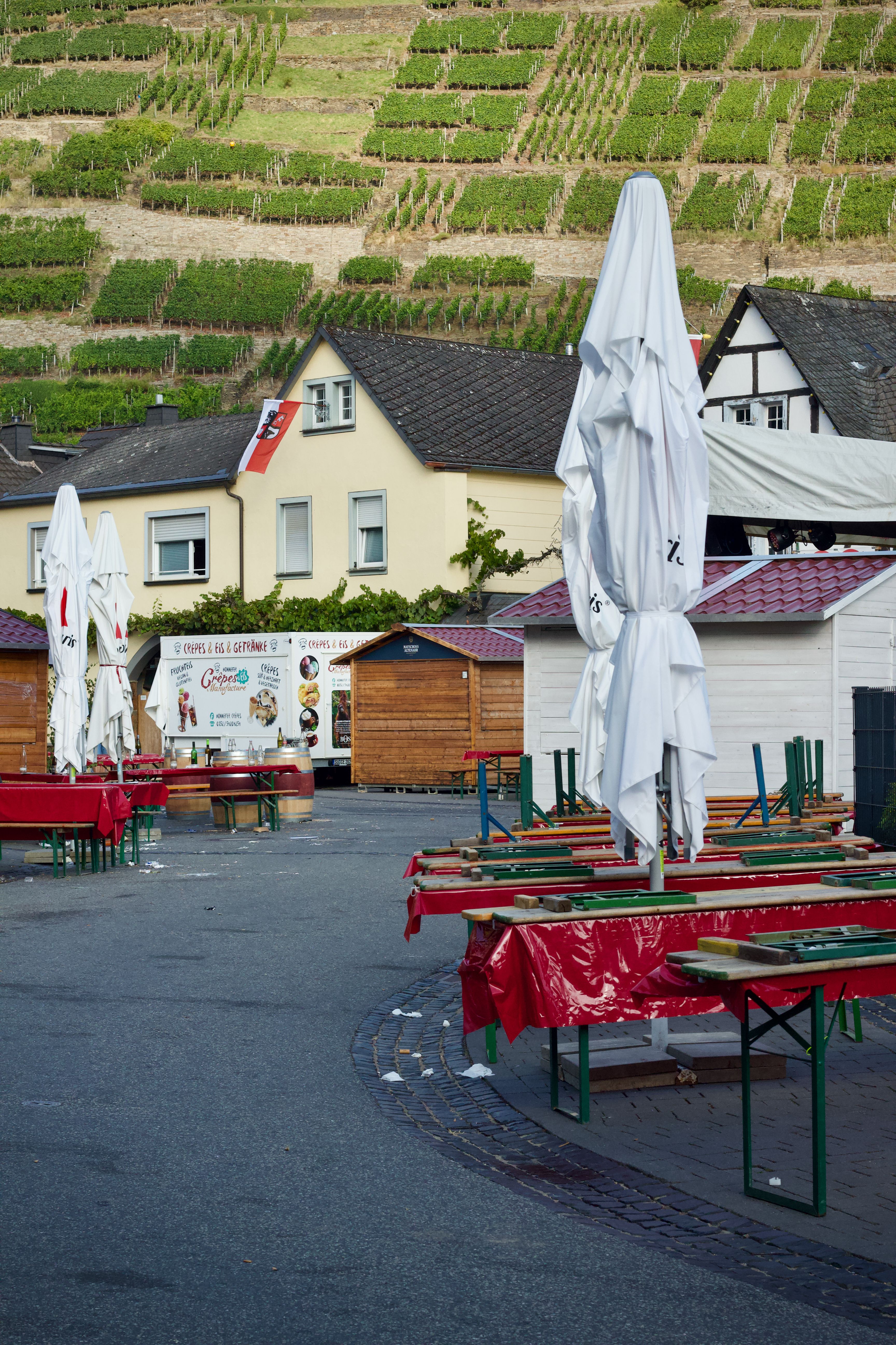 Empty outdoor market setup with covered tables against vineyard backdrop, serene ambiance.