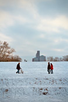 People walking in a snowy park with buildings in the background, creating a serene winter scene.
