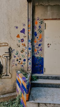 Vibrant handprints and graffiti adorn an urban wall, adding color and creativity to the concrete setting.