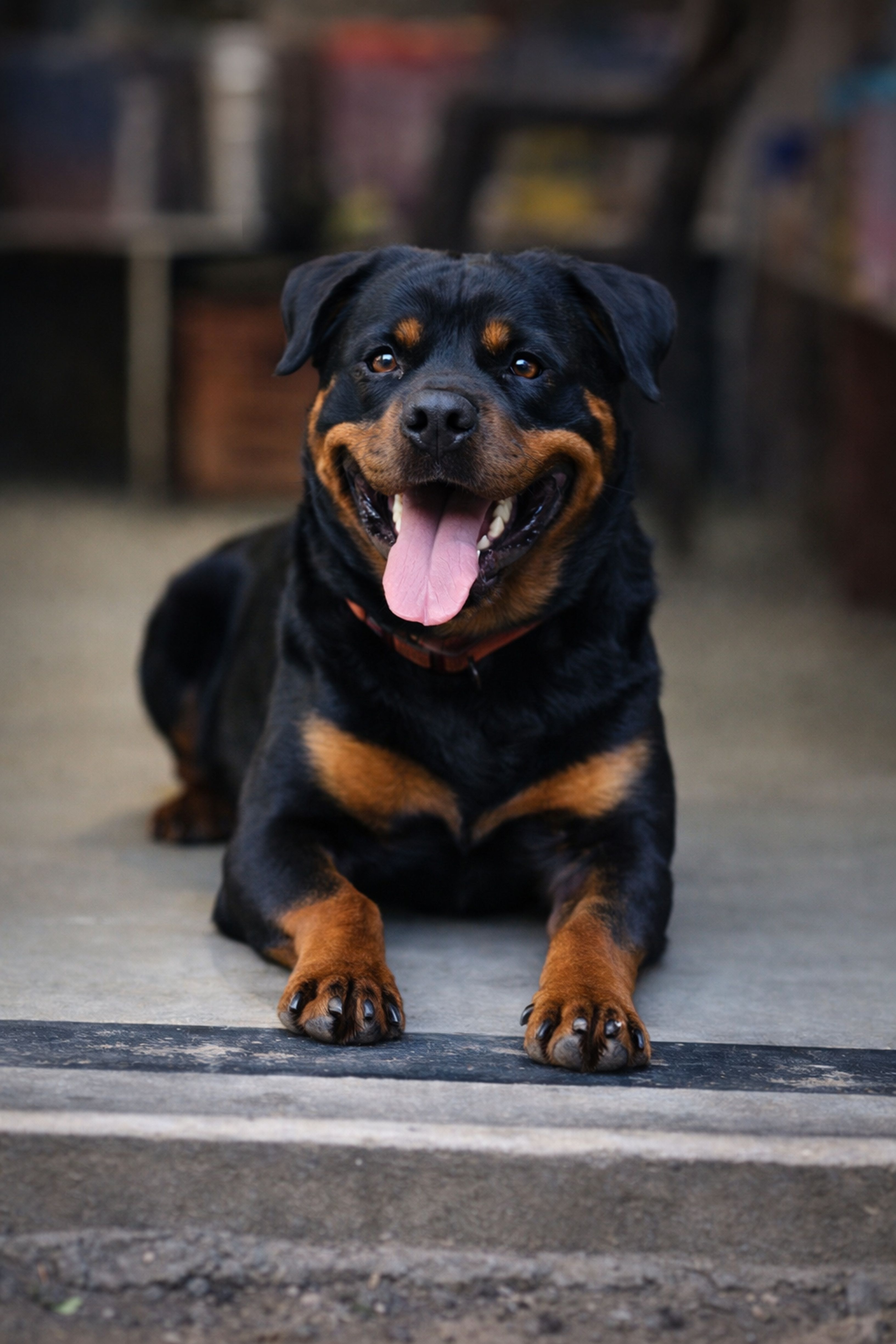 Black Rust Rottweiler Showing Tongue Lying on Concrete Pathway · Free ...