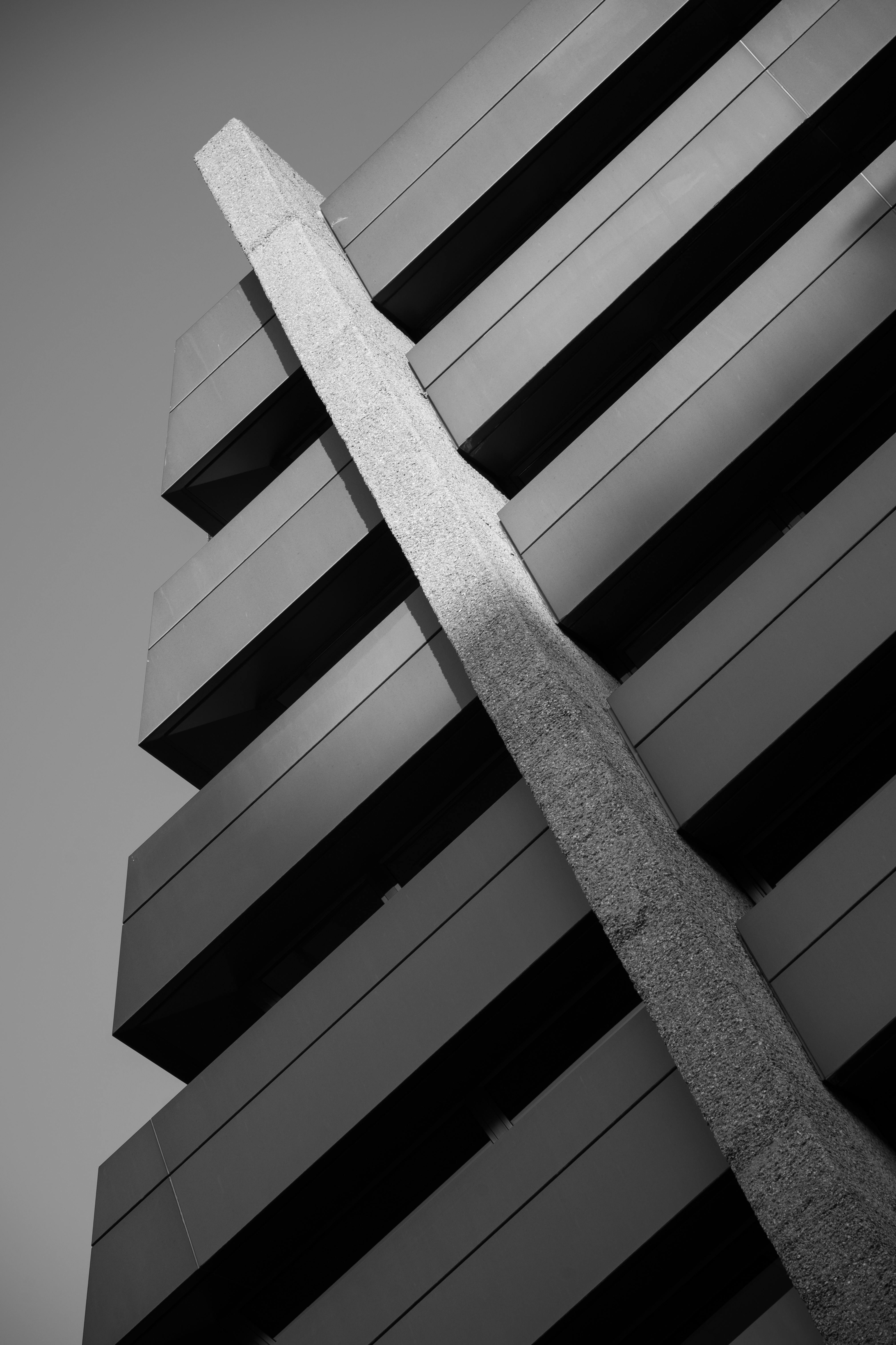 無料 マドリードの近代的な建物の正面の白黒写真。都市建築の詳細が紹介されています。 写真素材