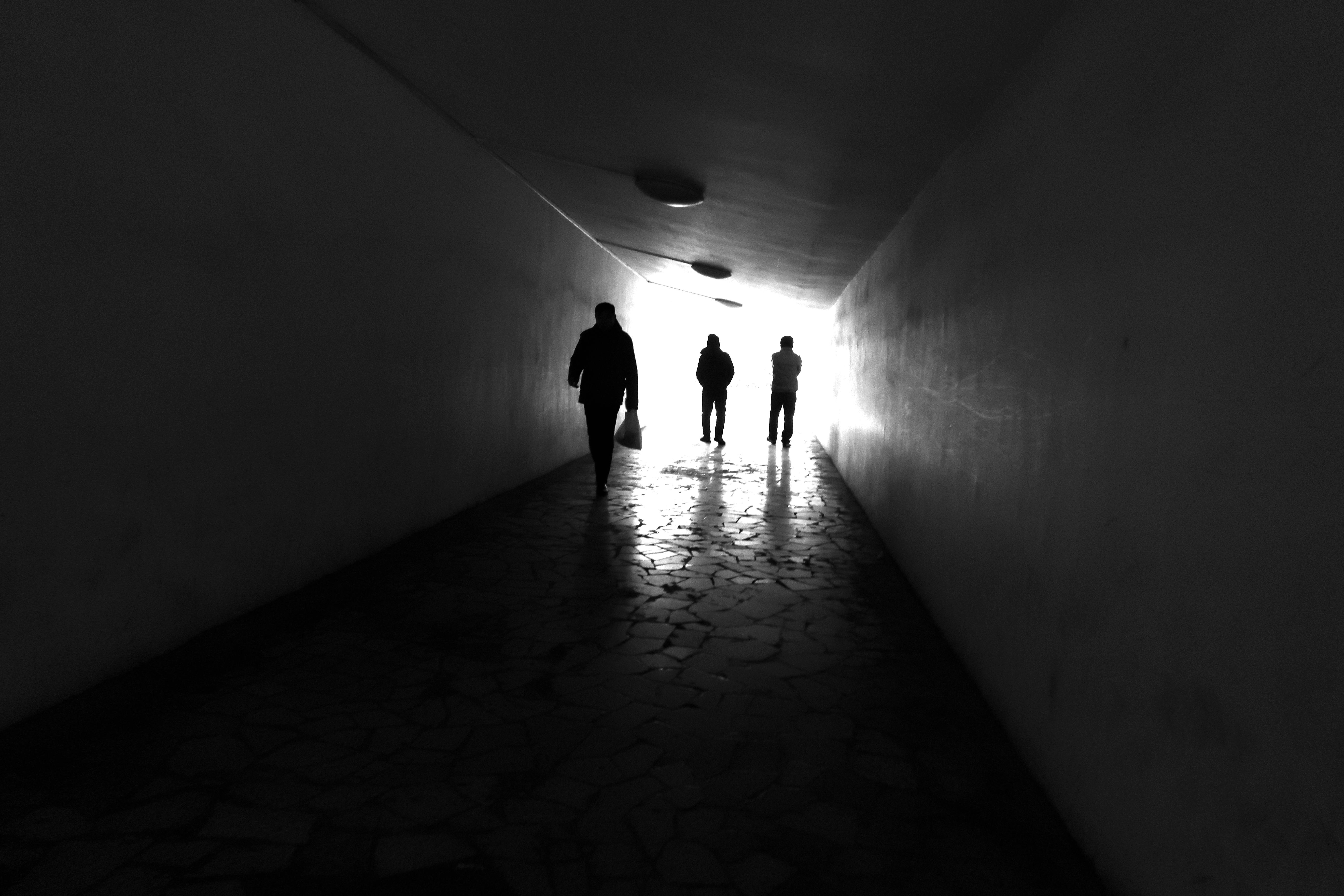 Ücretsiz Çarpıcı ışık kontrastıyla bir şehir tünelinde siluet halinde görünen üç kişi. Stok Fotoğraflar