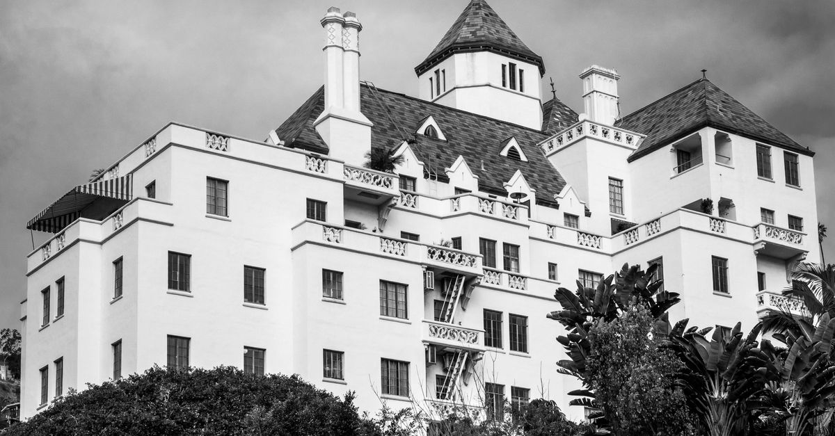 Black and white photo of Chateau Marmont, a historic hotel in Los Angeles.