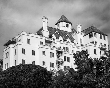 Black and white photo of Chateau Marmont, a historic hotel in Los Angeles.