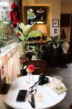 A charming cafe corner with plants, holiday decor, and a table set with a camera and smartphone.